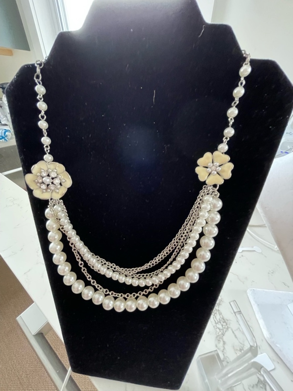 Elegant Ivory Pearl Multi-Chain Floral Necklace - Women Jewelry
